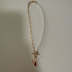Gold and Pearl Necklace with V Pendant